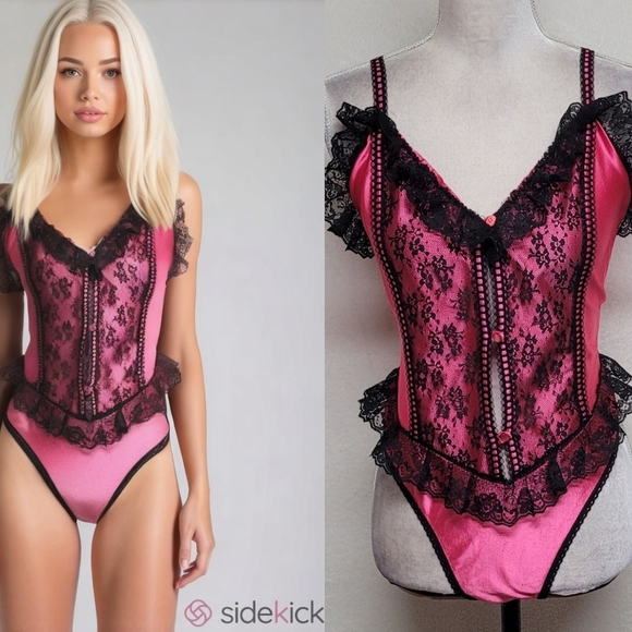Vintage Pants - Symmetry Fashions 70s Vintage Hot Pink Satin Black Lace Bodysuit Teddy Lingerie